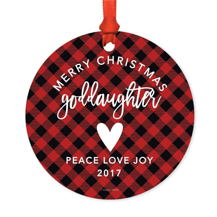 Custom Family Metal Christmas Ornament, Country Lumberjack Buffalo Red Plaid, Includes Ribbon and Gift Bag, Design 1-Set of 1-Andaz Press-Mom Dad-