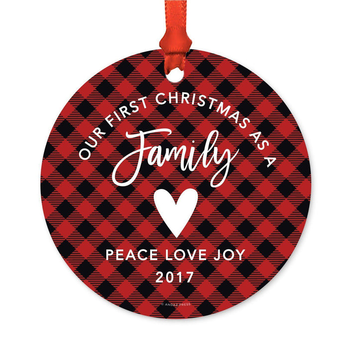 Custom Family Metal Christmas Ornament, Country Lumberjack Buffalo Red Plaid, Includes Ribbon and Gift Bag, Design 1-Set of 1-Andaz Press-Adoption Family-