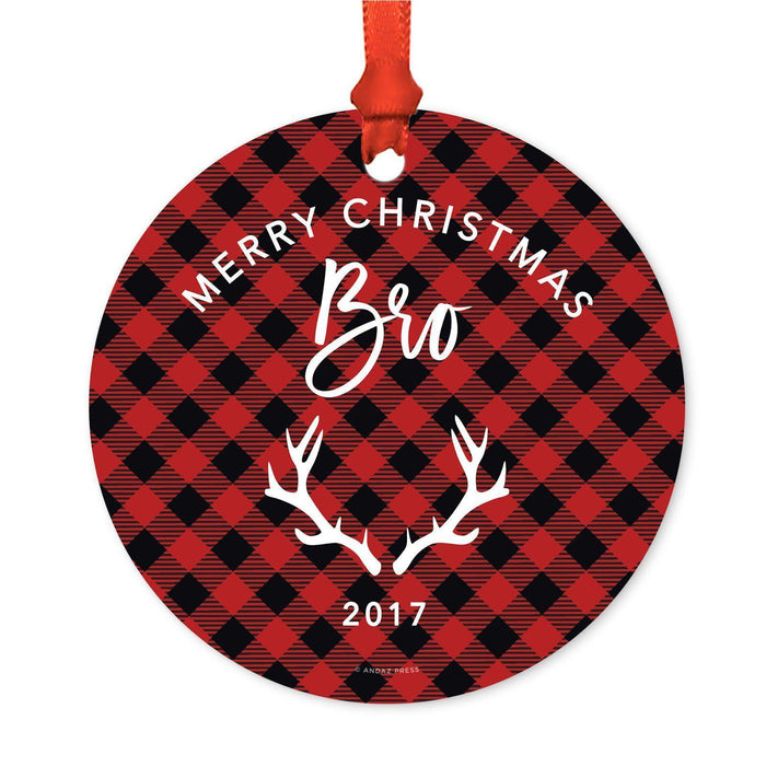 Custom Family Metal Christmas Ornament, Country Lumberjack Buffalo Red Plaid, Includes Ribbon and Gift Bag, Design 1-Set of 1-Andaz Press-Brother-