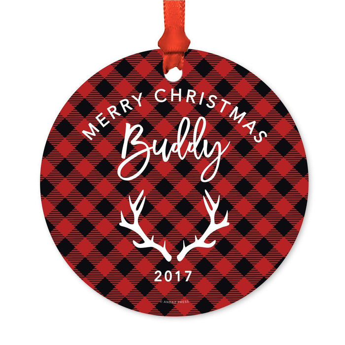 Custom Family Metal Christmas Ornament, Country Lumberjack Buffalo Red Plaid, Includes Ribbon and Gift Bag, Design 1-Set of 1-Andaz Press-Buddy Friend-