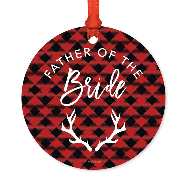 Custom Family Metal Christmas Ornament, Country Lumberjack Buffalo Red Plaid, Includes Ribbon and Gift Bag, Design 1-Set of 1-Andaz Press-Father Bride-