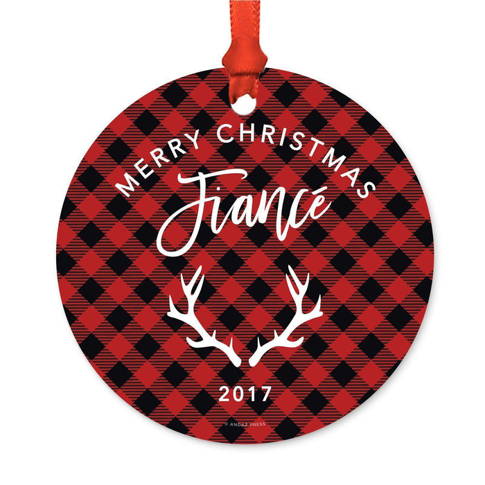 Custom Family Metal Christmas Ornament, Country Lumberjack Buffalo Red Plaid, Includes Ribbon and Gift Bag, Design 1-Set of 1-Andaz Press-Fiancé-