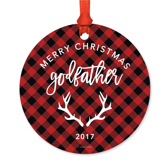 Custom Family Metal Christmas Ornament, Country Lumberjack Buffalo Red Plaid, Includes Ribbon and Gift Bag, Design 1-Set of 1-Andaz Press-Godfather-