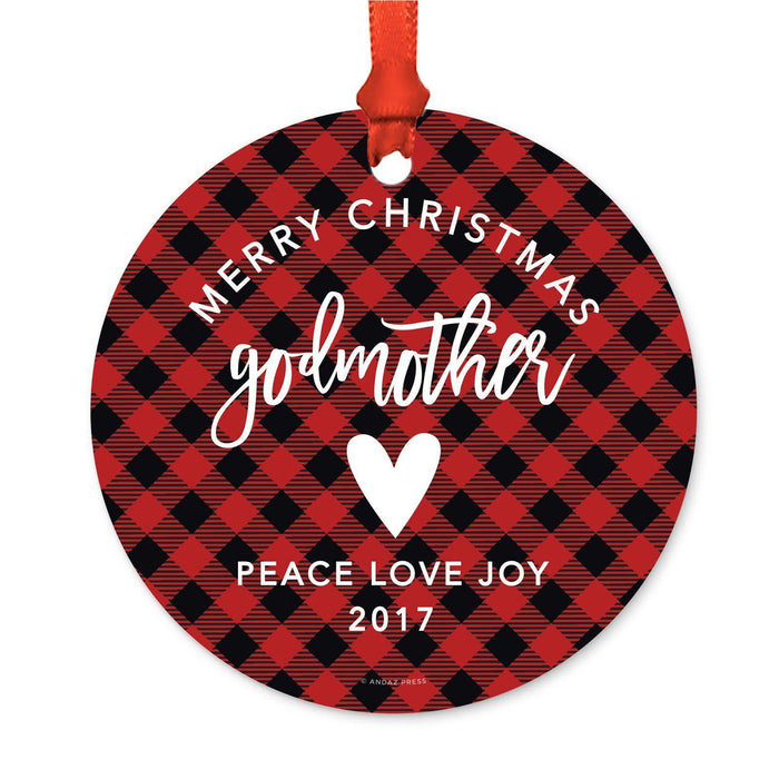 Custom Family Metal Christmas Ornament, Country Lumberjack Buffalo Red Plaid, Includes Ribbon and Gift Bag, Design 1-Set of 1-Andaz Press-Godmother-
