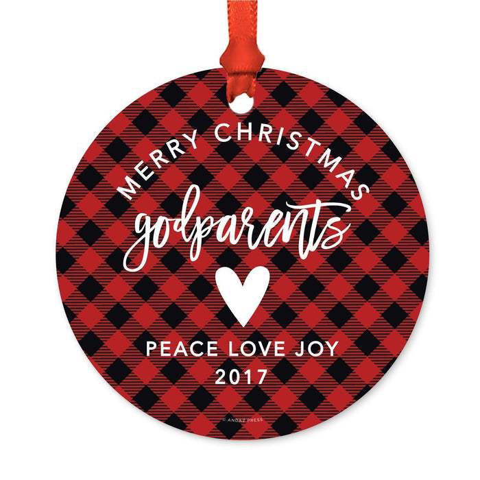 Custom Family Metal Christmas Ornament, Country Lumberjack Buffalo Red Plaid, Includes Ribbon and Gift Bag, Design 1-Set of 1-Andaz Press-Godparents-
