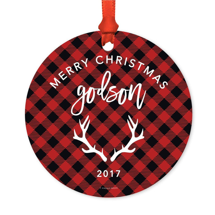 Custom Family Metal Christmas Ornament, Country Lumberjack Buffalo Red Plaid, Includes Ribbon and Gift Bag, Design 1-Set of 1-Andaz Press-Godson-
