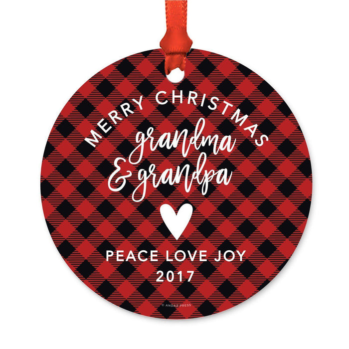 Custom Family Metal Christmas Ornament, Country Lumberjack Buffalo Red Plaid, Includes Ribbon and Gift Bag, Design 1-Set of 1-Andaz Press-Grandma Grandpa-