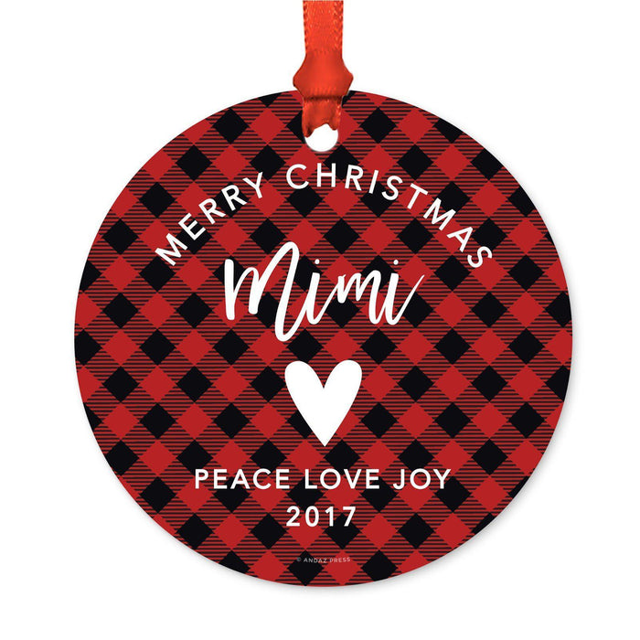 Custom Family Metal Christmas Ornament, Country Lumberjack Buffalo Red Plaid, Includes Ribbon and Gift Bag, Design 1-Set of 1-Andaz Press-Grandma Mimi-