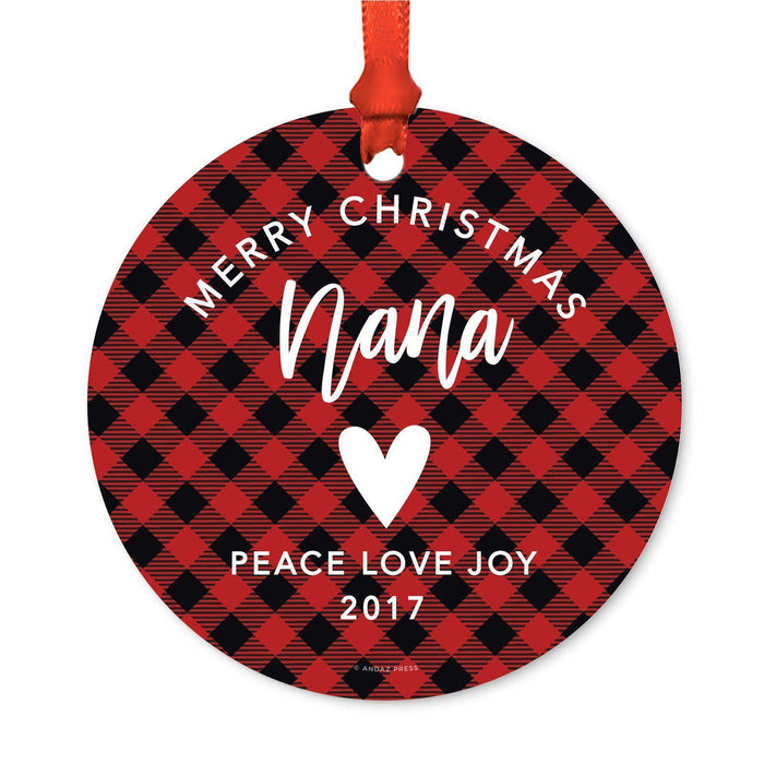 Custom Family Metal Christmas Ornament, Country Lumberjack Buffalo Red Plaid, Includes Ribbon and Gift Bag, Design 1-Set of 1-Andaz Press-Grandma Nana-