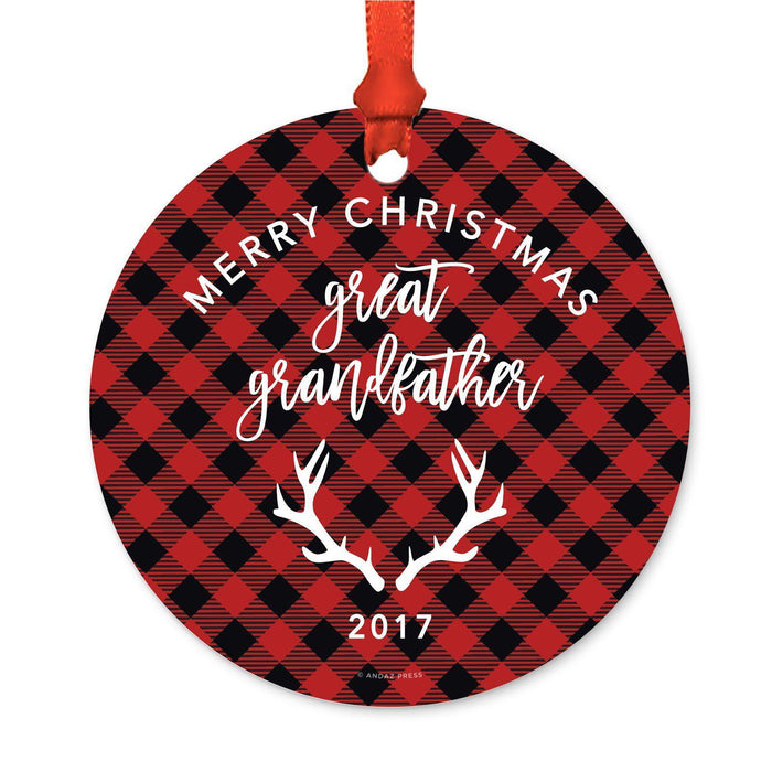 Custom Family Metal Christmas Ornament, Country Lumberjack Buffalo Red Plaid, Includes Ribbon and Gift Bag, Design 1-Set of 1-Andaz Press-Great Grandfather-
