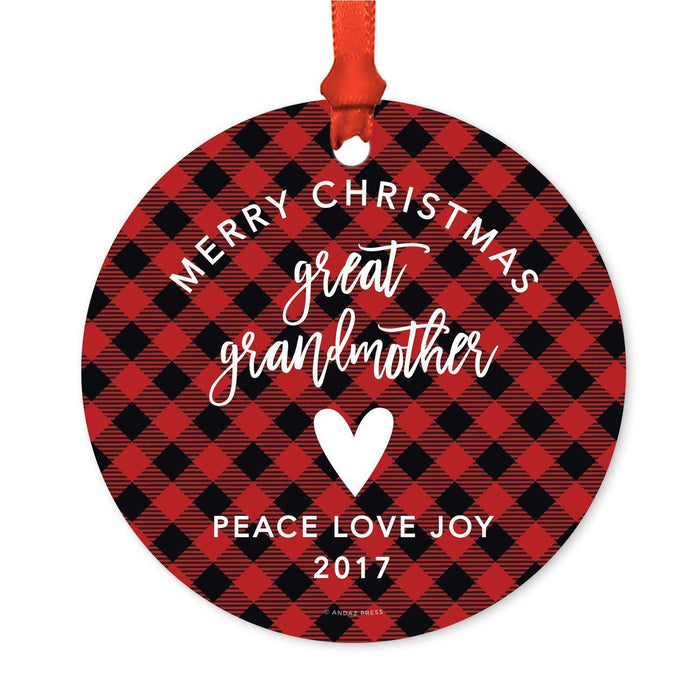 Custom Family Metal Christmas Ornament, Country Lumberjack Buffalo Red Plaid, Includes Ribbon and Gift Bag, Design 1-Set of 1-Andaz Press-Great Grandmother-