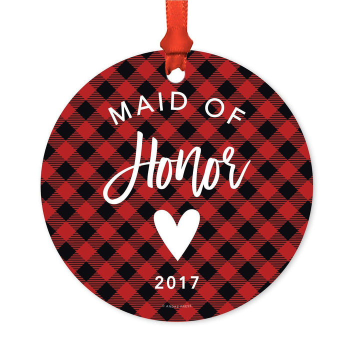 Custom Family Metal Christmas Ornament, Country Lumberjack Buffalo Red Plaid, Includes Ribbon and Gift Bag, Design 1-Set of 1-Andaz Press-Maid Honor-