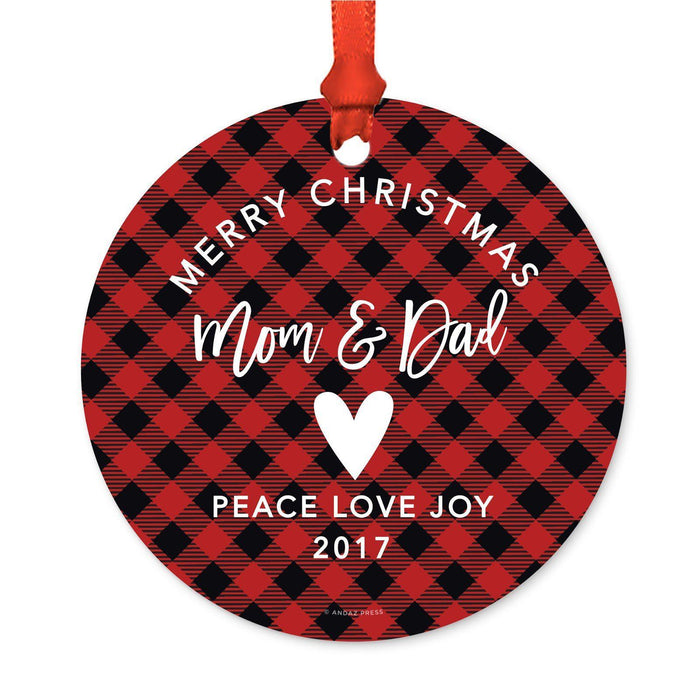 Custom Family Metal Christmas Ornament, Country Lumberjack Buffalo Red Plaid, Includes Ribbon and Gift Bag, Design 1-Set of 1-Andaz Press-Mom Dad-