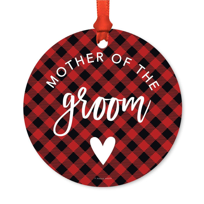 Custom Family Metal Christmas Ornament, Country Lumberjack Buffalo Red Plaid, Includes Ribbon and Gift Bag, Design 1-Set of 1-Andaz Press-Mother Groom-