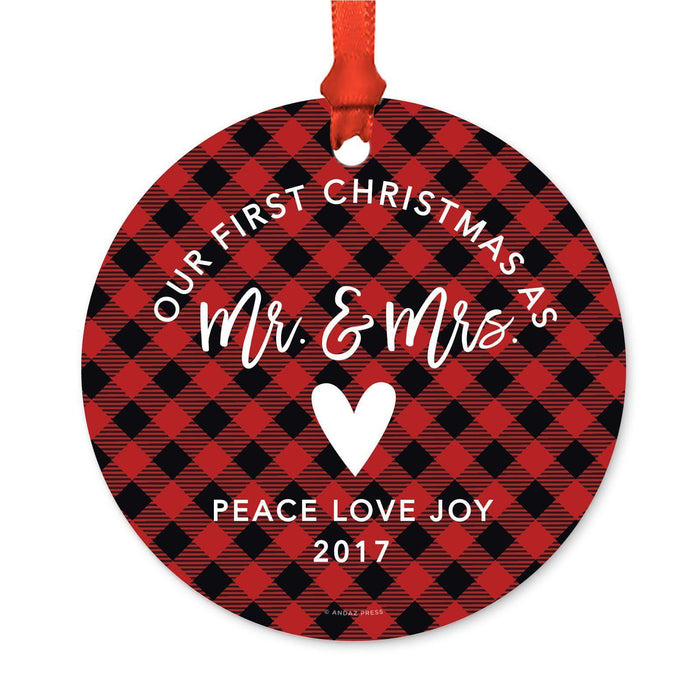 Custom Family Metal Christmas Ornament, Country Lumberjack Buffalo Red Plaid, Includes Ribbon and Gift Bag, Design 1-Set of 1-Andaz Press-Mr. & Mrs-