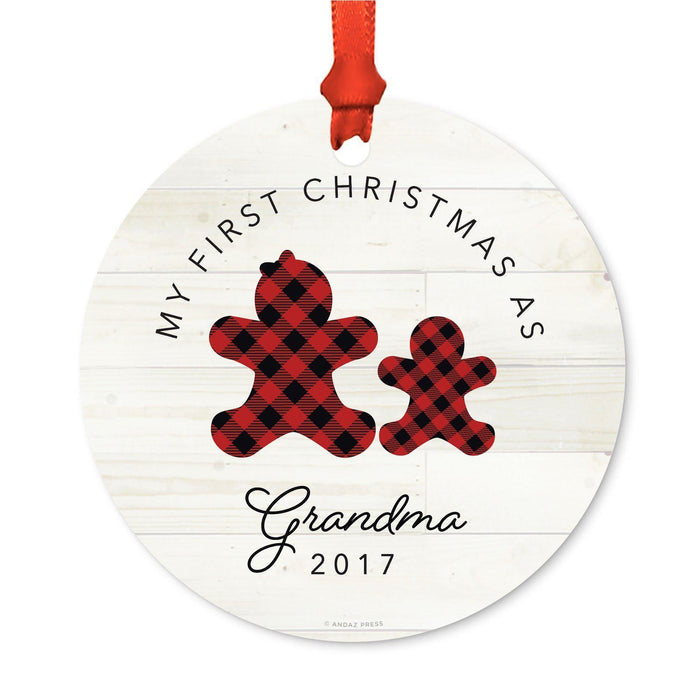 Custom Family Metal Christmas Ornament, Our First Christmas, Lumberjack Buffalo Red Plaid, Year-Set of 1-Andaz Press-Grandma Grandpa-