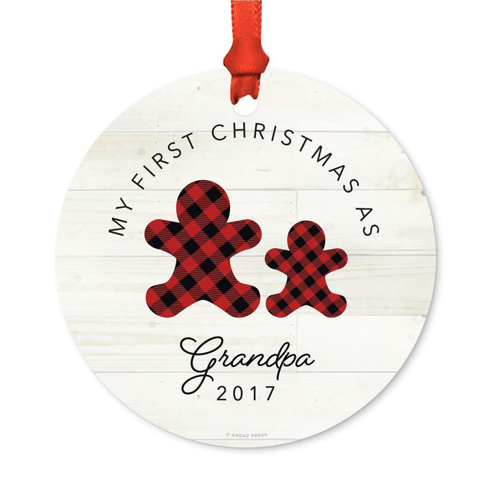 Custom Family Metal Christmas Ornament, Our First Christmas, Lumberjack Buffalo Red Plaid, Year-Set of 1-Andaz Press-Grandma Grandpa-
