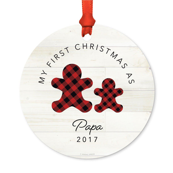 Custom Family Metal Christmas Ornament, Our First Christmas, Lumberjack Buffalo Red Plaid, Year-Set of 1-Andaz Press-Grandma Grandpa-