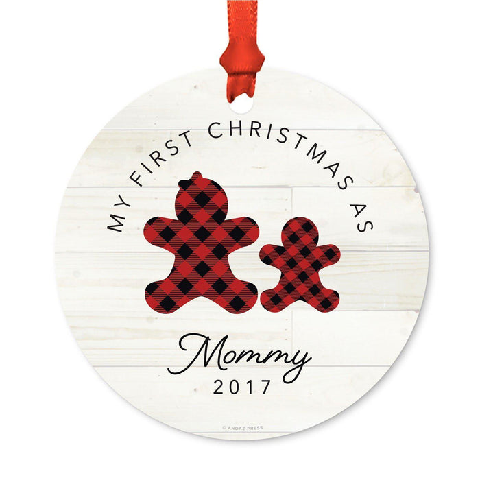 Custom Family Metal Christmas Ornament, Our First Christmas, Lumberjack Buffalo Red Plaid, Year-Set of 1-Andaz Press-Grandma Grandpa-