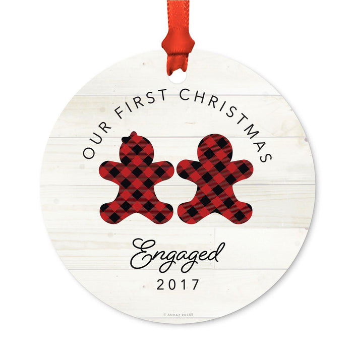 Custom Family Metal Christmas Ornament, Our First Christmas, Lumberjack Buffalo Red Plaid, Year-Set of 1-Andaz Press-Grandma Grandpa-