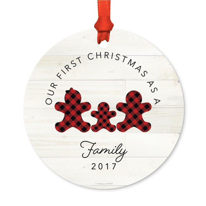 Custom Family Metal Christmas Ornament, Our First Christmas, Lumberjack Buffalo Red Plaid, Year-Set of 1-Andaz Press-Grandma Grandpa-