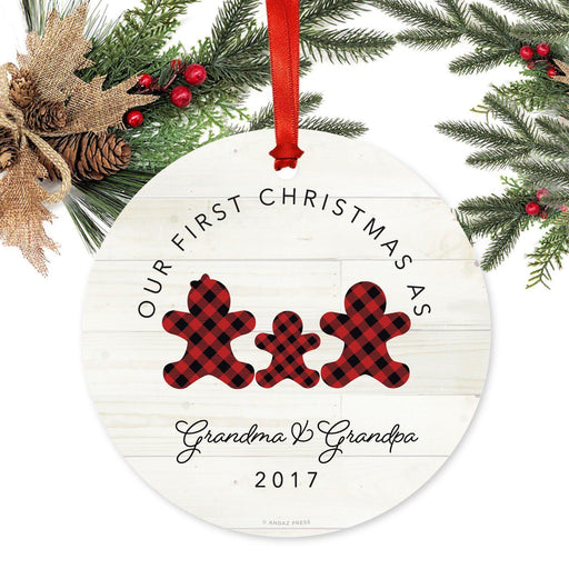 Custom Family Metal Christmas Ornament, Our First Christmas, Lumberjack Buffalo Red Plaid, Year-Set of 1-Andaz Press-Grandma Grandpa-