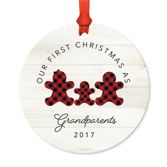 Custom Family Metal Christmas Ornament, Our First Christmas, Lumberjack Buffalo Red Plaid, Year-Set of 1-Andaz Press-Grandma Grandpa-