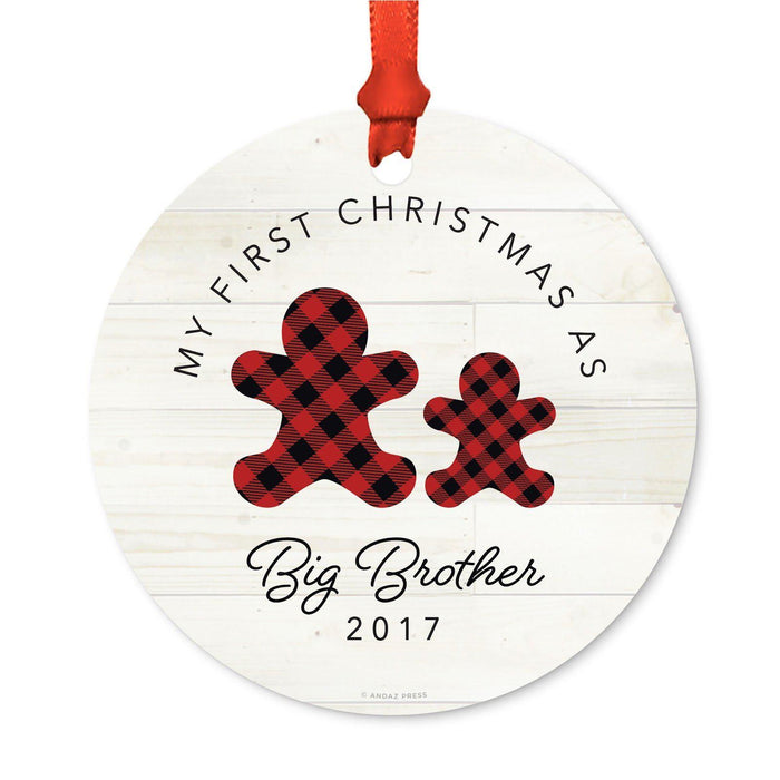 Custom Family Metal Christmas Ornament, Our First Christmas, Lumberjack Buffalo Red Plaid, Year-Set of 1-Andaz Press-Grandma Grandpa-
