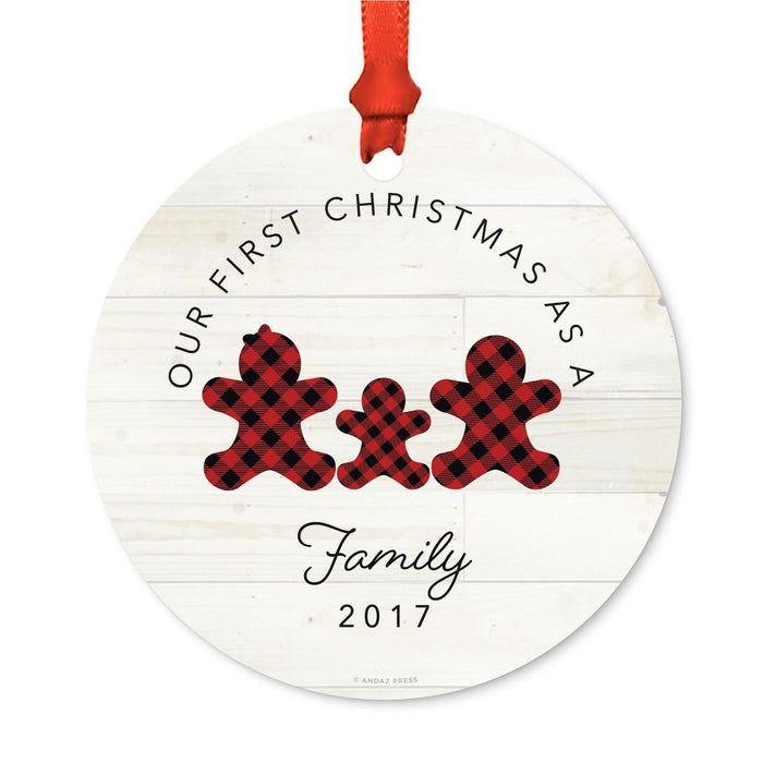 Custom Family Metal Christmas Ornament, Our First Christmas, Lumberjack Buffalo Red Plaid, Year-Set of 1-Andaz Press-Adoption-