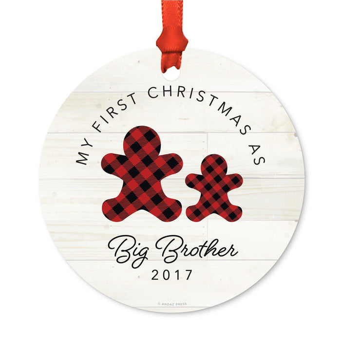 Custom Family Metal Christmas Ornament, Our First Christmas, Lumberjack Buffalo Red Plaid, Year-Set of 1-Andaz Press-Big Brother-