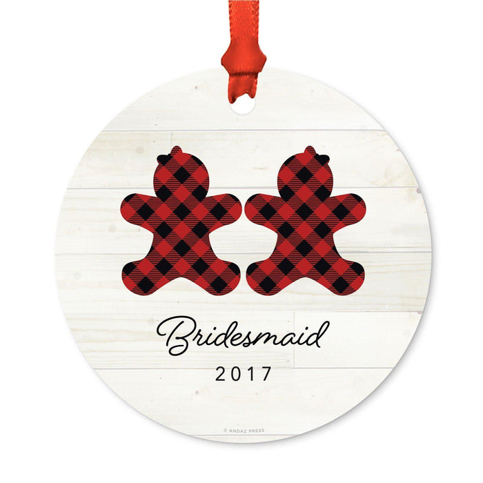 Custom Family Metal Christmas Ornament, Our First Christmas, Lumberjack Buffalo Red Plaid, Year-Set of 1-Andaz Press-Bridesmaid Ornament-