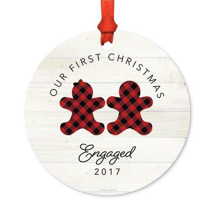 Custom Family Metal Christmas Ornament, Our First Christmas, Lumberjack Buffalo Red Plaid, Year-Set of 1-Andaz Press-Engaged-