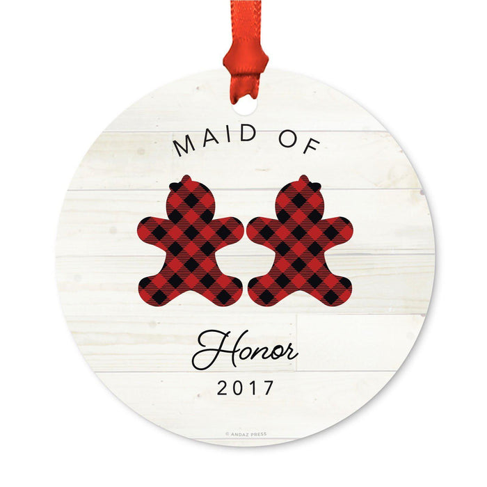 Custom Family Metal Christmas Ornament, Our First Christmas, Lumberjack Buffalo Red Plaid, Year-Set of 1-Andaz Press-Maid Honor-