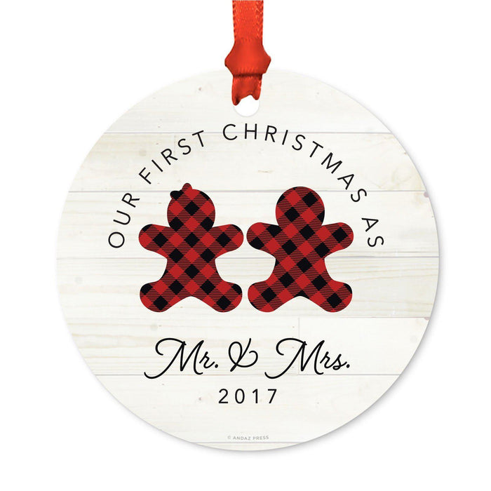 Custom Family Metal Christmas Ornament, Our First Christmas, Lumberjack Buffalo Red Plaid, Year-Set of 1-Andaz Press-Mr. & Mrs-