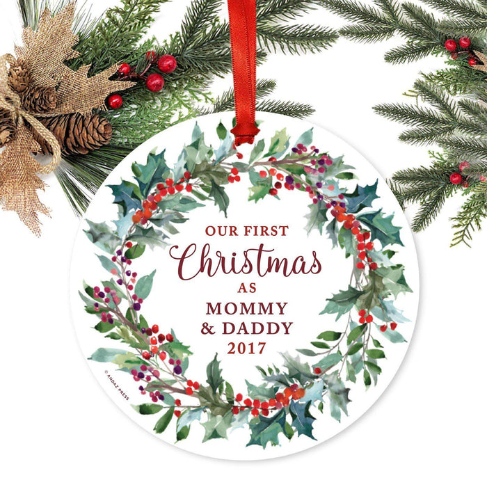 Custom Family Metal Christmas Ornament, Our First Christmas, Red Holiday Wreath, Includes Ribbon and Gift Bag, Year-Set of 1-Andaz Press-Mommy Daddy-