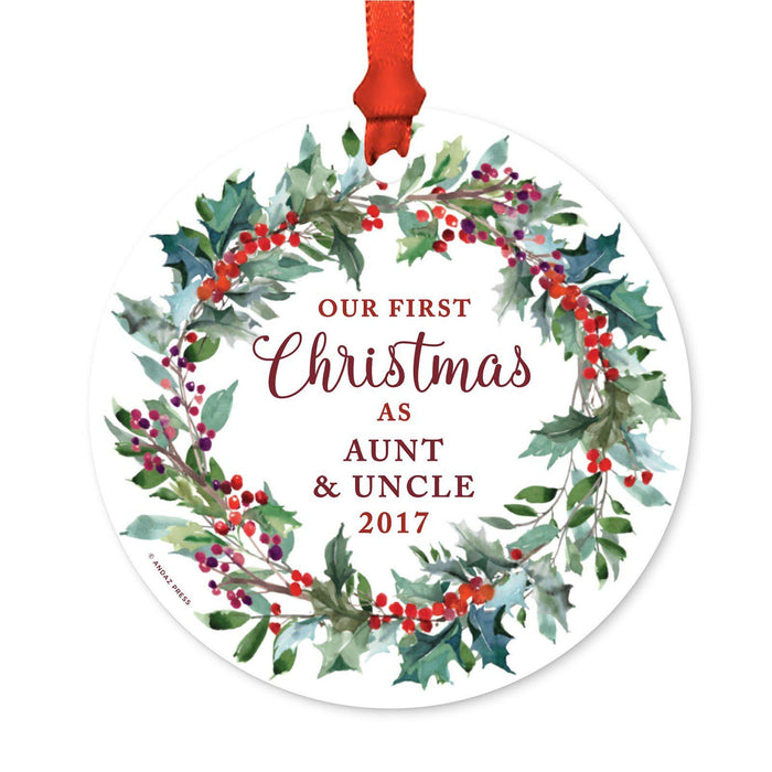 Custom Family Metal Christmas Ornament, Our First Christmas, Red Holiday Wreath, Includes Ribbon and Gift Bag, Year-Set of 1-Andaz Press-Aunt Uncle-