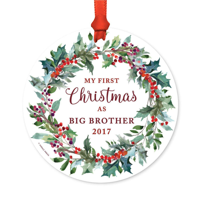 Custom Family Metal Christmas Ornament, Our First Christmas, Red Holiday Wreath, Includes Ribbon and Gift Bag, Year-Set of 1-Andaz Press-Big Brother-