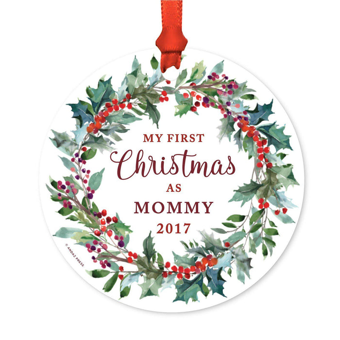 Custom Family Metal Christmas Ornament, Our First Christmas, Red Holiday Wreath, Includes Ribbon and Gift Bag, Year-Set of 1-Andaz Press-Mommy-