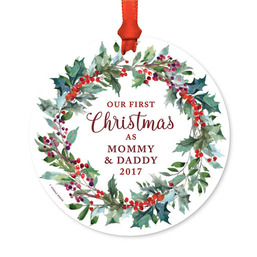 Custom Family Metal Christmas Ornament, Our First Christmas, Red Holiday Wreath, Includes Ribbon and Gift Bag, Year-Set of 1-Andaz Press-Mommy Daddy-