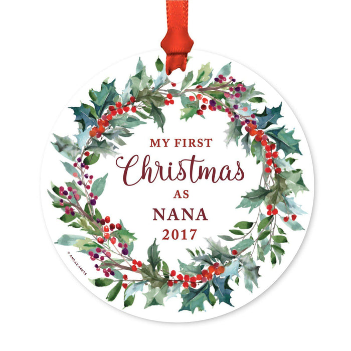 Custom Family Metal Christmas Ornament, Our First Christmas, Red Holiday Wreath, Includes Ribbon and Gift Bag, Year-Set of 1-Andaz Press-Nana-