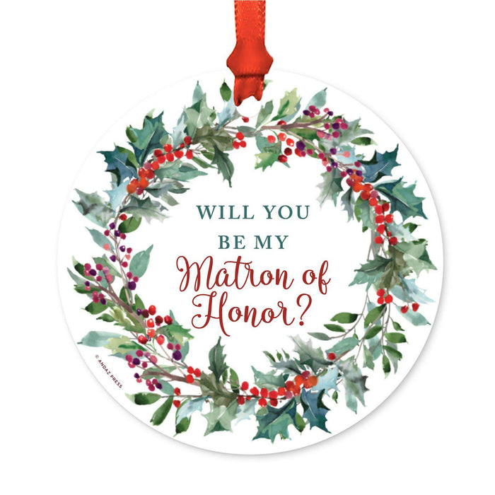 Custom Family Wedding Metal Christmas Ornament, Red Holiday Wreath, Includes Ribbon and Gift Bag-Set of 1-Andaz Press-Matron Honor-