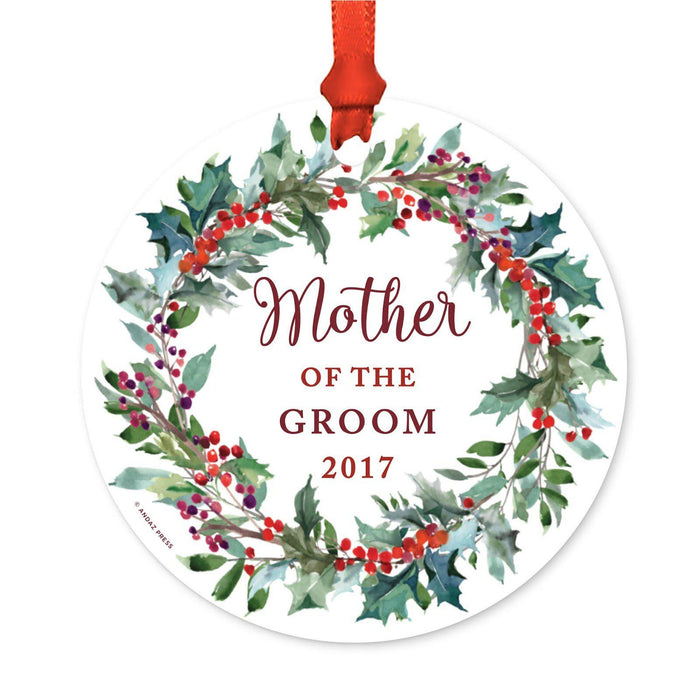 Custom Family Wedding Metal Christmas Ornament, Red Holiday Wreath, Includes Ribbon and Gift Bag-Set of 1-Andaz Press-Mother of the Groom-