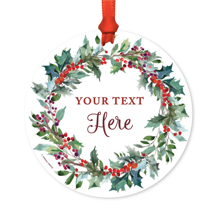 Custom Family Wedding Metal Christmas Ornament, Red Holiday Wreath, Includes Ribbon and Gift Bag-Set of 1-Andaz Press-Your Text Here-