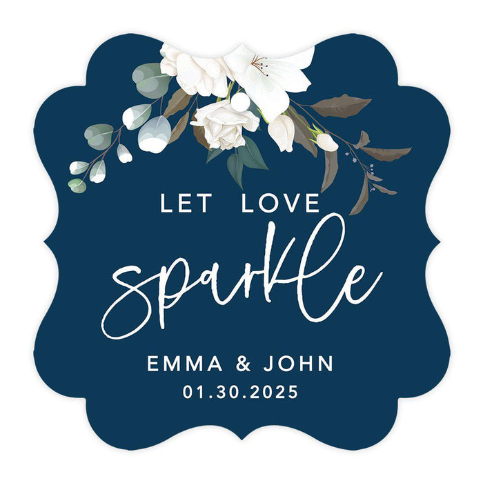 Custom Fancy Frame Let Love Sparkle Paper Tags, Hang Tags For Wedding Sparklers, Design 1-Set of 96-Andaz Press-Navy and White Florals-