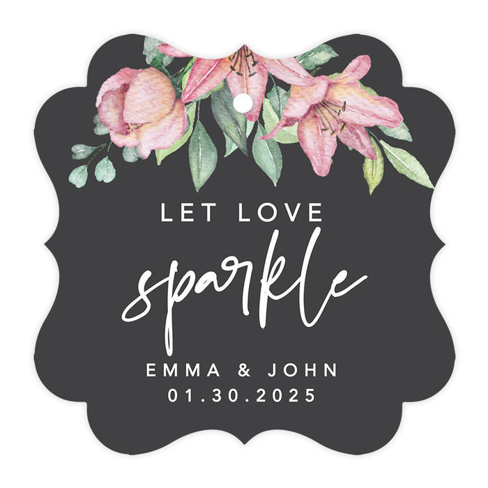 Custom Fancy Frame Let Love Sparkle Paper Tags, Hang Tags For Wedding Sparklers, Design 1-Set of 96-Andaz Press-Watercolor Lilies with Black Background-
