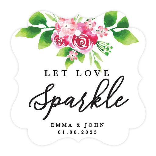 Custom Fancy Frame Let Love Sparkle Paper Tags, Hang Tags For Wedding Sparklers, Design 2-Set of 96-Andaz Press-Watercolor Fuchsia Blooms-