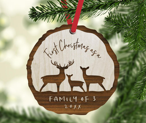 Custom First Christmas as a Family Engraved Real Natural Wood Ornament-Set of 1-Andaz Press-Family of Three-