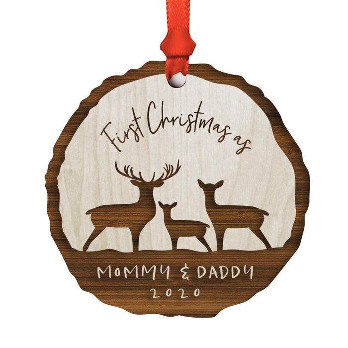 Custom First Christmas as a Family Engraved Real Natural Wood Ornament-Set of 1-Andaz Press-Mommy & Daddy-