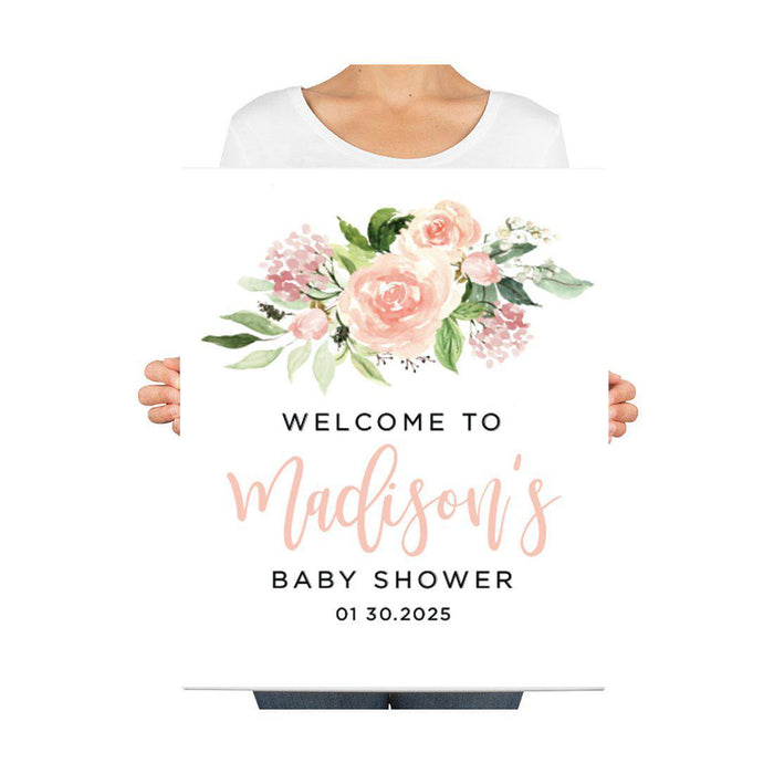 Custom Floral Baby Shower Canvas Welcome Signs-Set of 1-Andaz Press-Minimal Navy and Baby Blue Roses-