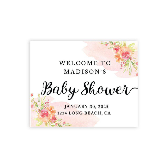 Custom Floral Baby Shower Canvas Welcome Signs-Set of 1-Andaz Press-Coral Pink Watercolor Rose Buds-